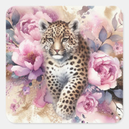 Leopard Cub & Rose Quadratischer Aufkleber