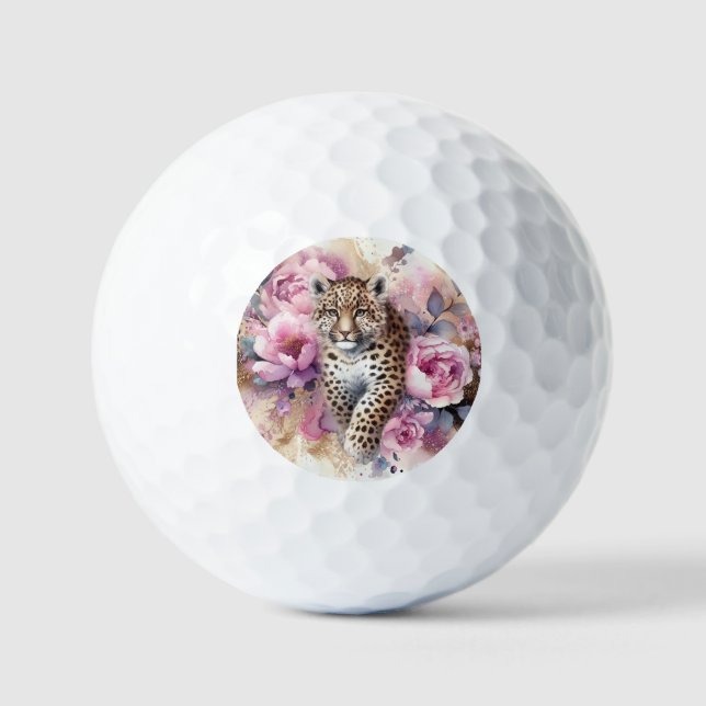 Leopard Cub & Rose Schlüsselanhänger Golfball (Vorderseite)