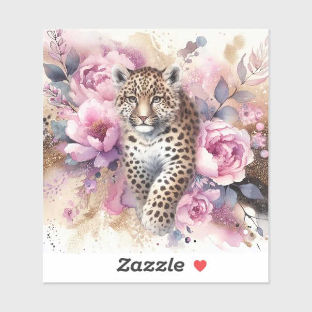 Leopard Cub & Sticker Rose en vinyle coupé personn (Feuille)