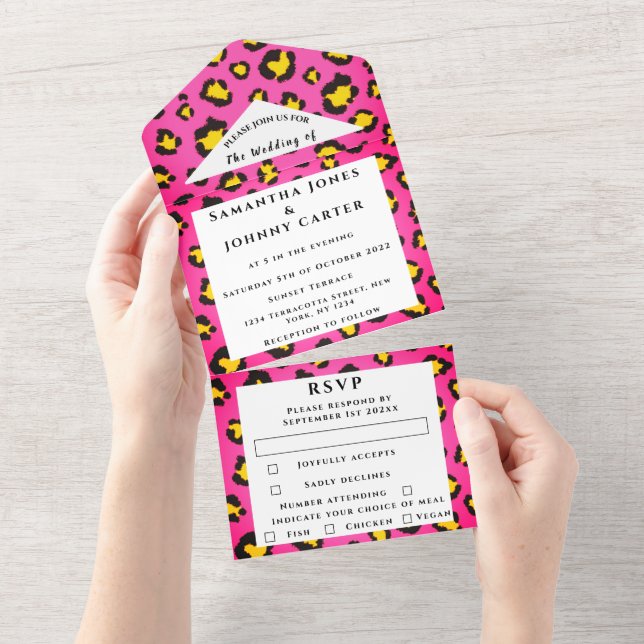 Leopard Druck Cheetah Pink Safari Tierhochzeit All In One Einladung (Abreißen)