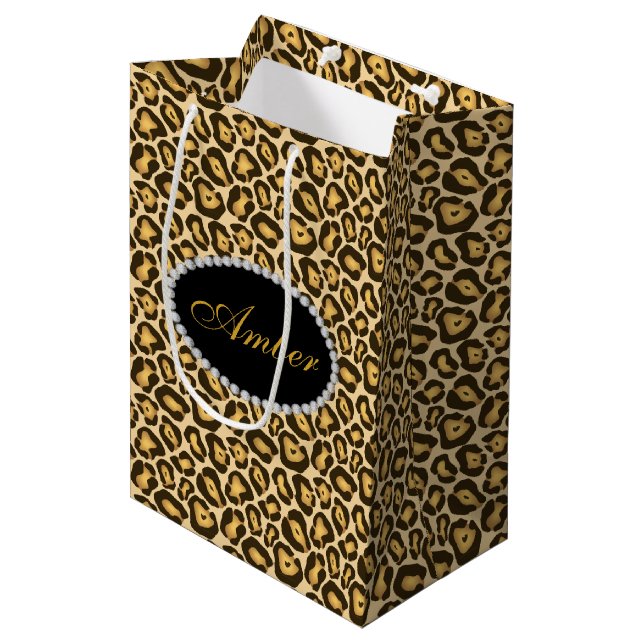 Leopard-Druck-Diamanten u. Namensmonogramm Mittlere Geschenktüte (Vorderseite Schrägansicht)