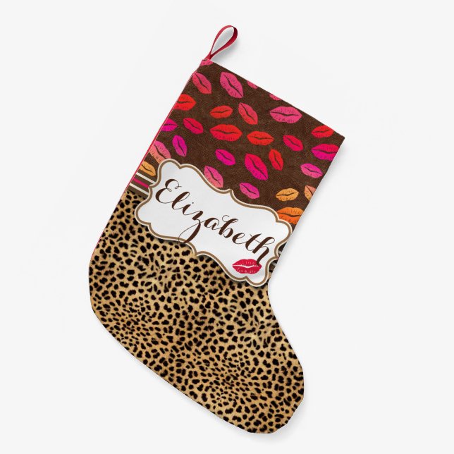 Leopard-Druck-Lippenküsse personalisiert Kleiner Weihnachtsstrumpf (Vorderansicht (hängend))