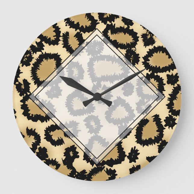 Leopard-Druck-Muster, Brown und Schwarzes Große Wanduhr (Vorderseite)