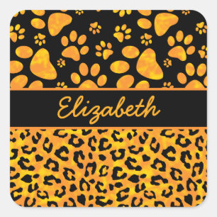 Leopard-Druck und Tatzen-orange Gelb Quadratischer Aufkleber
