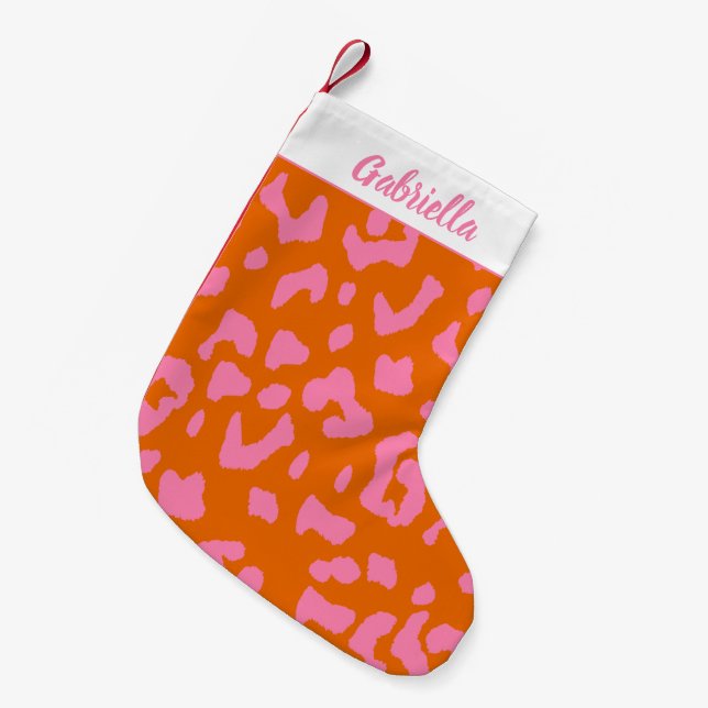 Leopard Druckmuster in rosa Orange Personalisiert Kleiner Weihnachtsstrumpf (Vorderansicht (hängend))