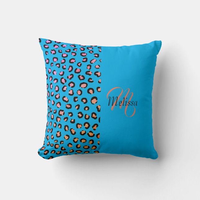 Leopard druckt zwei Tone Amethyst Blue Name Monogr Kissen (Vorderseite)