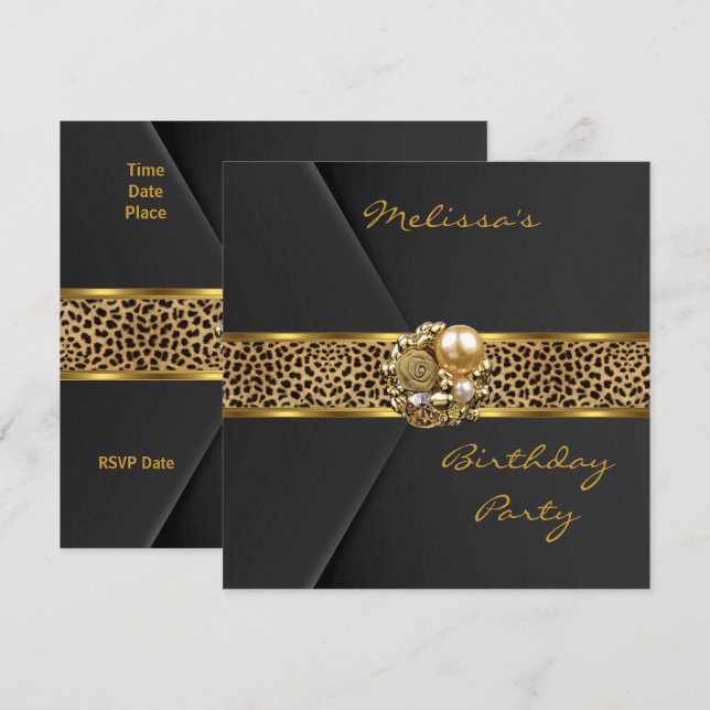 Leopard Einladung Elegantes Goldschmuck aus schwar (Vorne/Hinten)