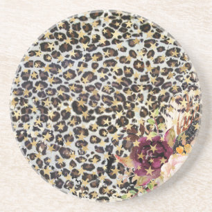 Leopard Floral Gold Stars Sandstone Untersetzer