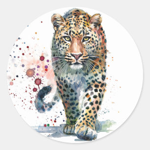 Leopard Geht Wasserfarbe Runder Aufkleber