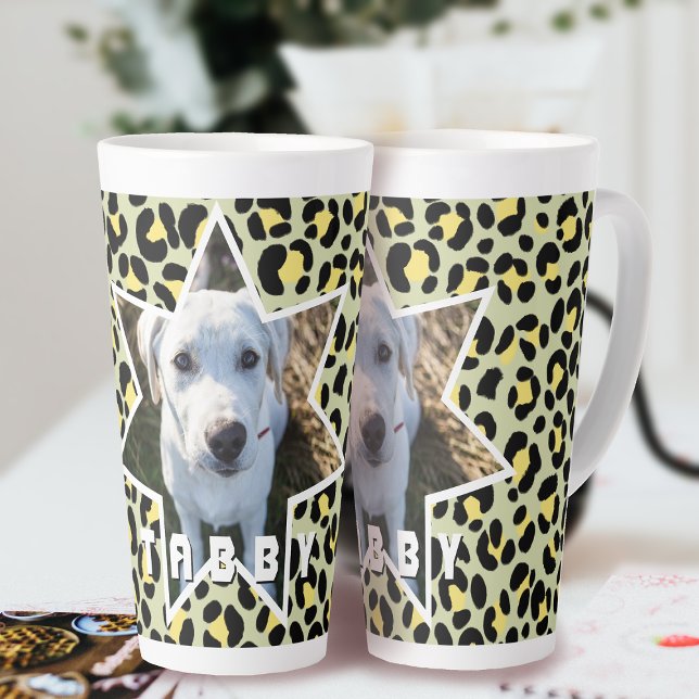 Leopard Gelbes Schwarzes Foto Personalisiert Milchtasse (Leopard Pattern Pet Photo Personalized Latte Mug.)