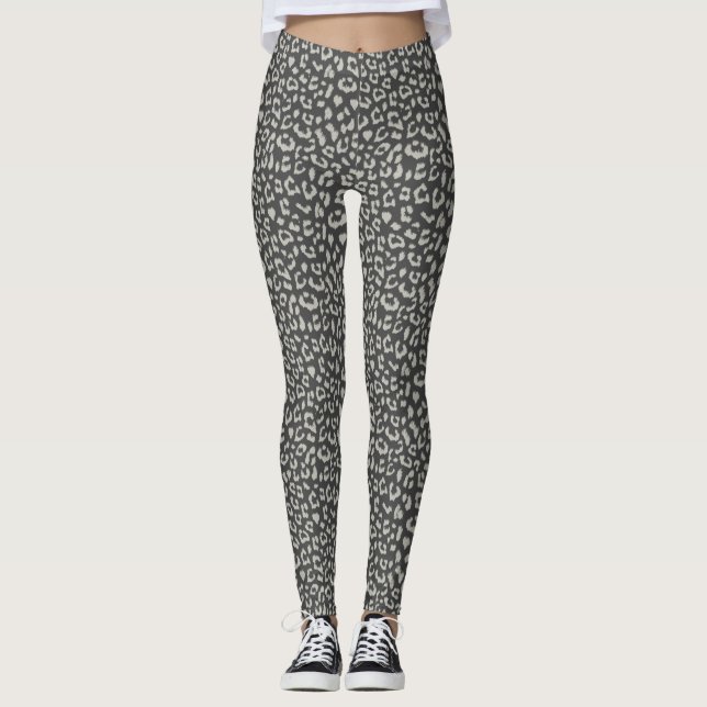 Leopard Gemustert Grau auf Holzkohle Leggings (Vorderseite)