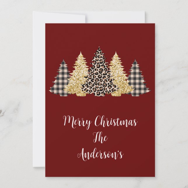 Leopard Gepard Büffel Karo Weihnachtsbäume Karte (Vorderseite)