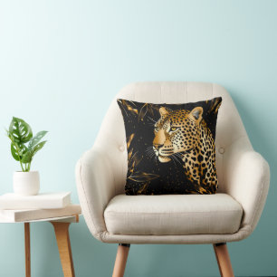 Leopard Gepard Schwarz Gold Dschungel Safari Blätt Kissen