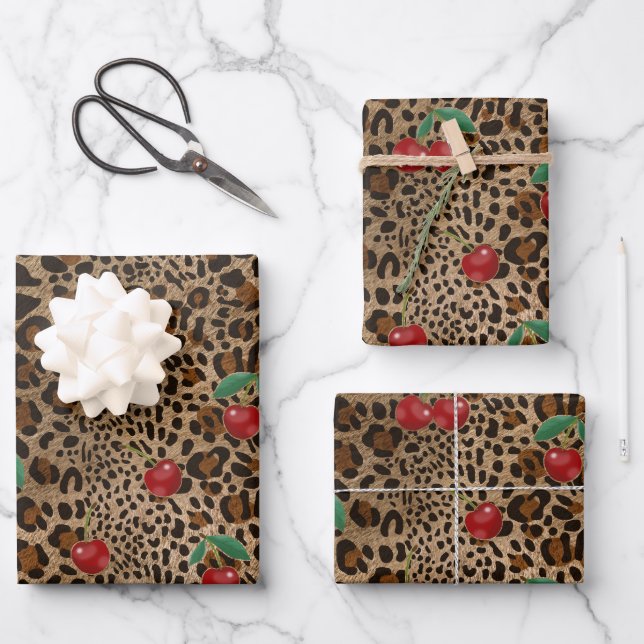 Leopard Gepard Tierdruck Rotkirschmuster Geschenkpapier Set (Vorderseite)