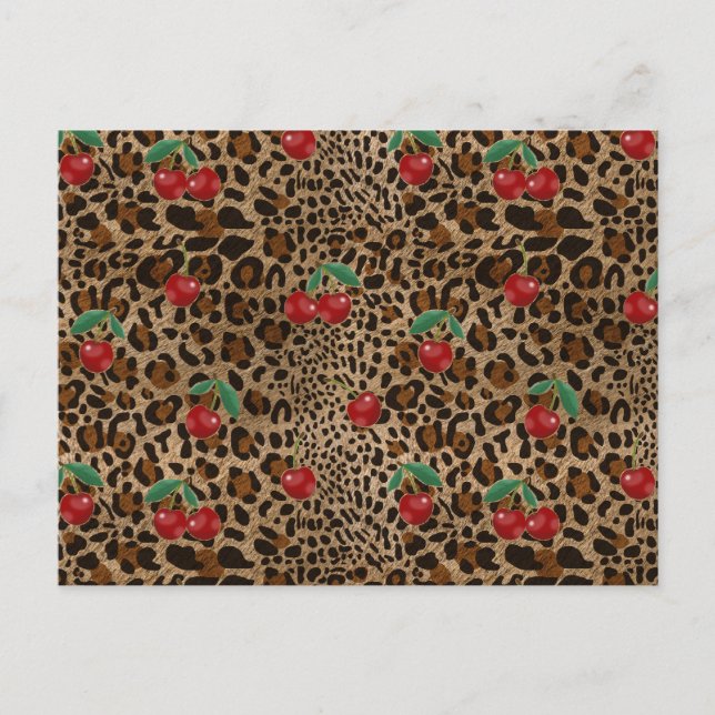 Leopard Gepard Tierdruck Rotkirschmuster Postkarte (Vorderseite)