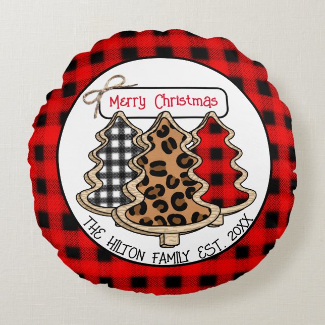 Leopard, Gingham und Buffalo Karierte Weihnachtsba Rundes Kissen (Vorderseite)