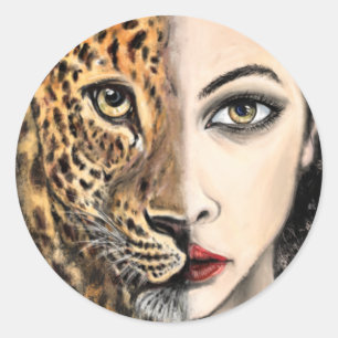 Leopard Girl Face Fantasy Malerei Wilhelm Tier Runder Aufkleber