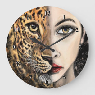 Leopard Girl Face Fantasy Painting Wild Animal Große Wanduhr