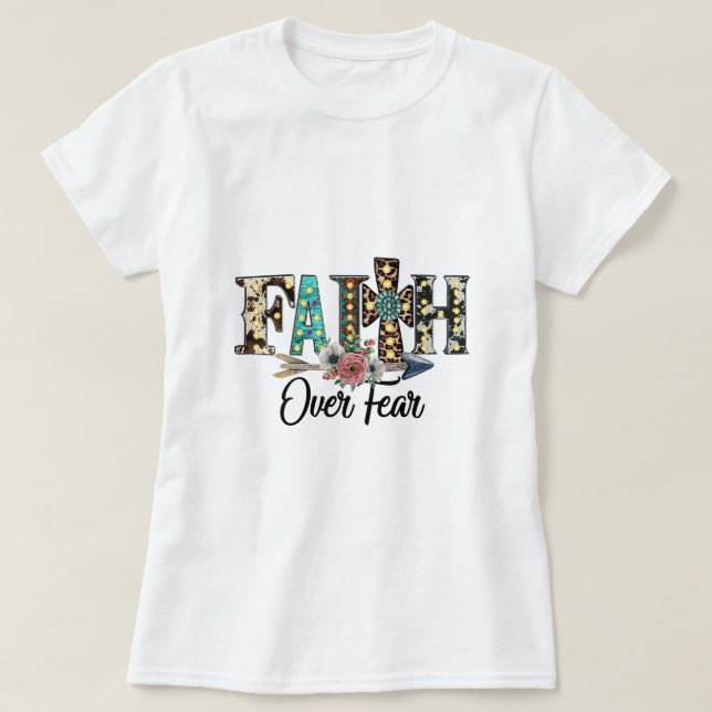 Leopard Glaube über Angst Kreuz Blume Western Chri T-Shirt (Design vorne)