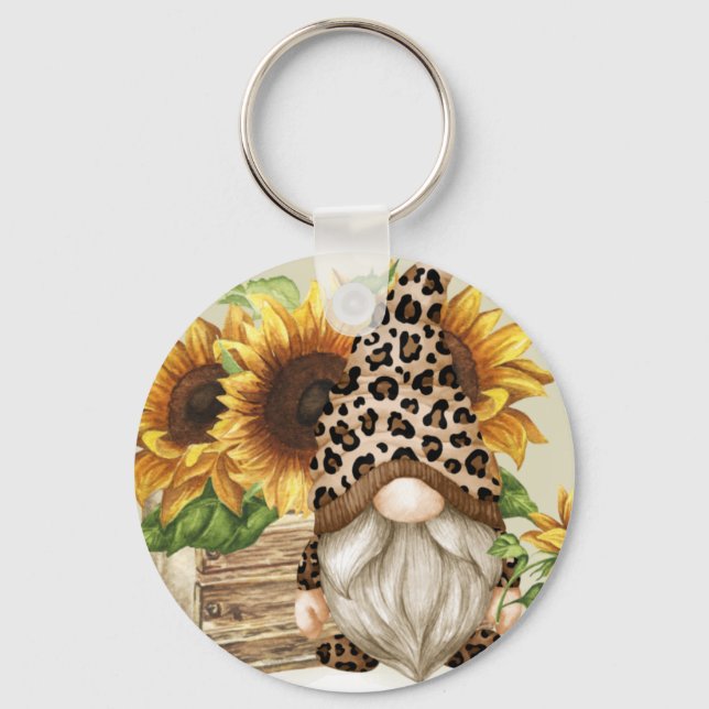 Leopard Gnome Sunflowers Schlüsselanhänger (Vorderseite)