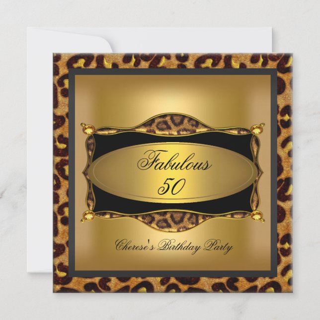 Leopard Gold Black Birthday Party 50. Einladung (Vorderseite)
