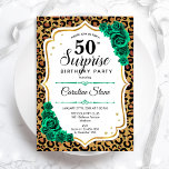 Leopard Gold White Green Überraschung 50. Geburtst Einladung<br><div class="desc">Überraschung 50. Geburtstagsparty Einladung. Weibliches smaragdgrünes Design mit Imitaten Glitzer Gold. Features Tier cheetah Leopard Druck,  Rose,  Skript-Schriftart und Konfetti. Ideal für eine elegante Damenfeier. Kann personalisiert sein,  jedes Alter zu zeigen. Gedruckte Zazzle Einladungen oder Sofortdownload digitalen druckbaren Vorlage.</div>
