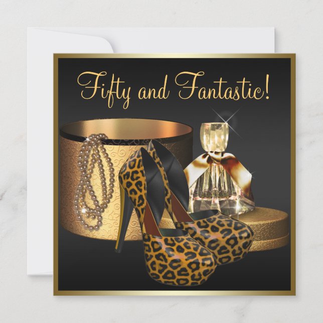 Leopard-Goldfrauen mit High Heel Schuhe 50. Geburt Einladung (Vorderseite)