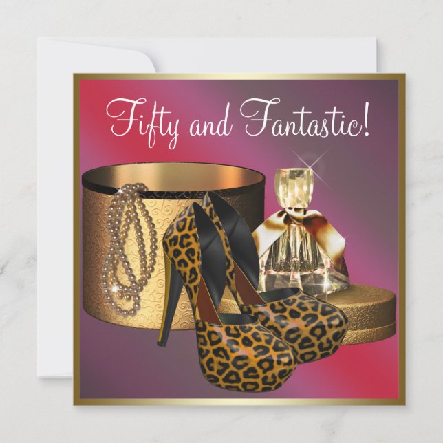 Leopard-Goldfrauen mit High Heel Schuhe 50. Geburt Einladung (Vorderseite)