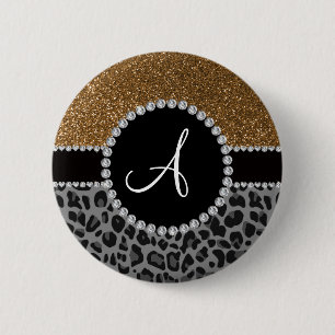 Leopard-GoldGlitter des Monogramms schwarzer Button