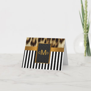 Leopard-GoldSchwarz-weißes Streifen-Monogramm Dankeskarte