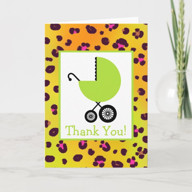 Leopard & Green Carriage Baby Dusche Vielen Dank Dankeskarte (Vorderseite)