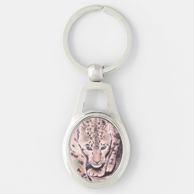Leopard "Green Eyes" Metal Oval Schlüsselanhänger (Vorderseite)