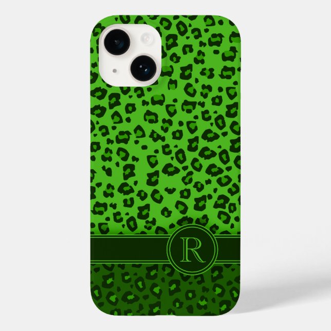 Leopard-grüne Monogramm Case-Mate iPhone 14 Hülle (Rückseite)