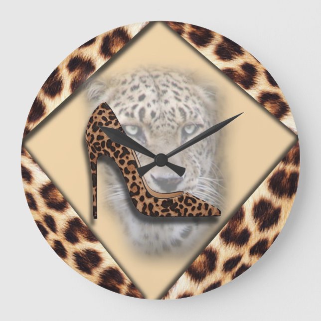 leopard High Heel & Face Design Große Wanduhr (Vorderseite)
