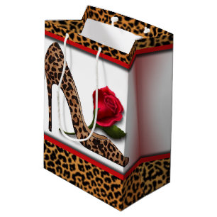 Leopard-hohe Ferse u. Rote Rose Mittlere Geschenktüte