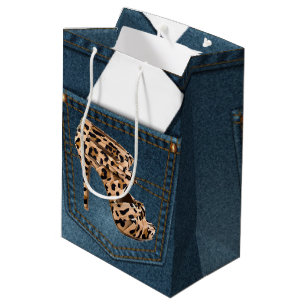 Leopard-hoher Absatz u. blaue Jean-Muster-Tasche Mittlere Geschenktüte