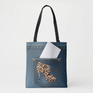Leopard-hoher Absatz u. blaue Jean-Muster-Tasche Tasche