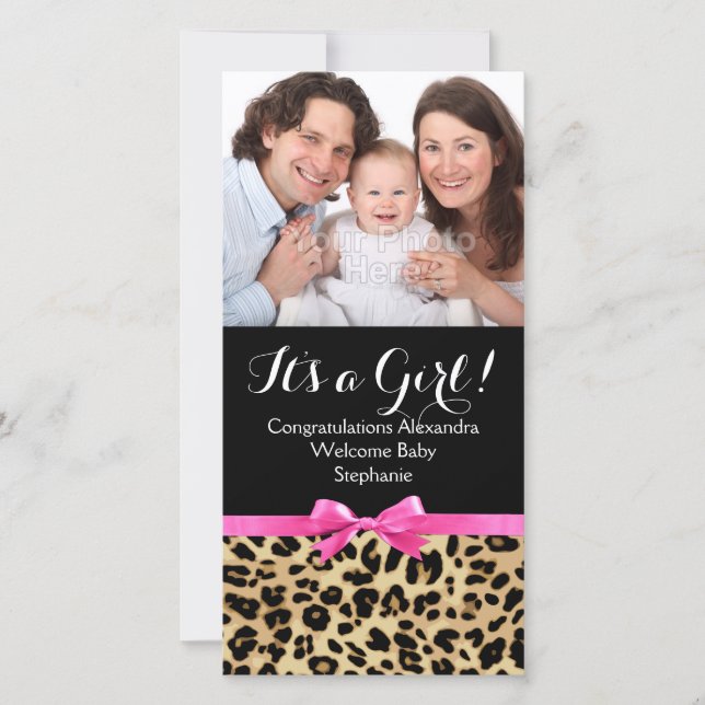 Leopard Hot Pink Bow The a Girl Safari Babydusche Ankündigung (Vorderseite)