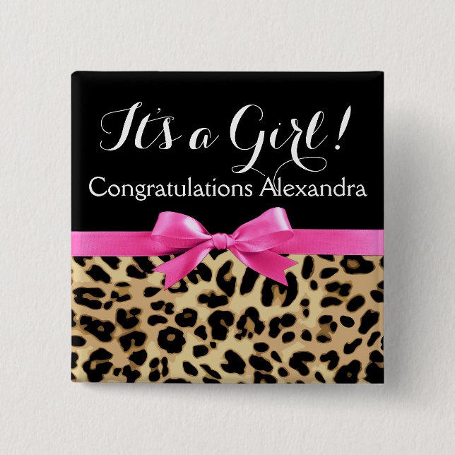 Leopard Hot Pink Bow The a Girl Safari Babydusche Button (Vorderseite)