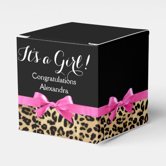 Leopard Hot Pink Bow The a Girl Safari Babydusche Geschenkschachtel (Vorderseite)