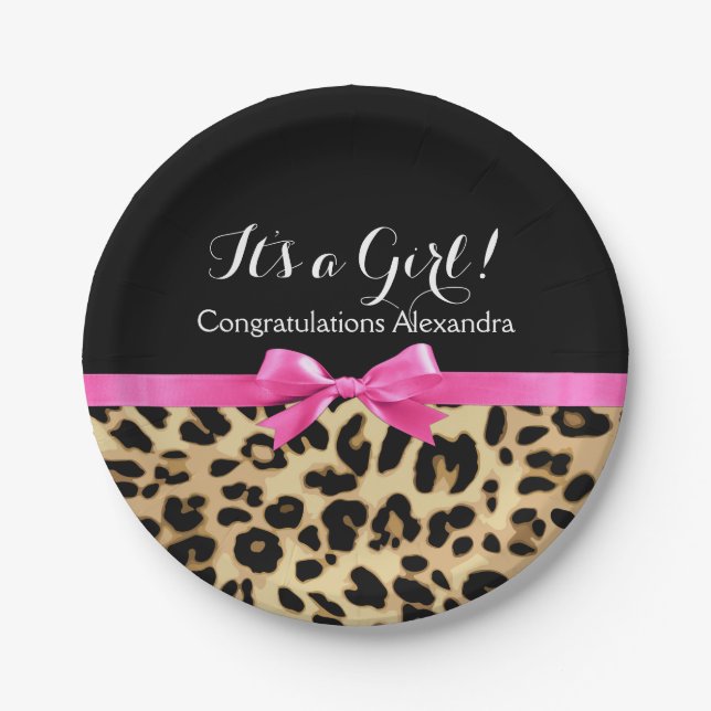 Leopard Hot Pink Bow The a Girl Safari Babydusche Pappteller (Vorderseite)