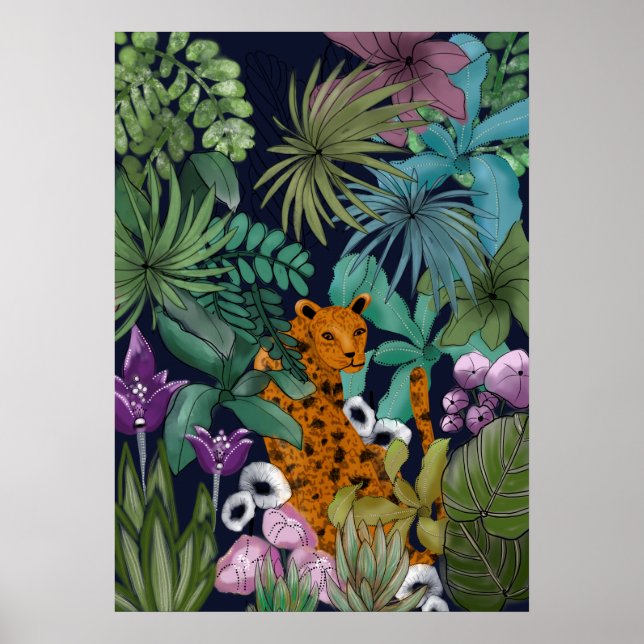 Leopard im Blumengarten Poster (Vorne)