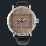 Leopard im orangefarbenen und braunen Hintergrund Armbanduhr<br><div class="desc">Norman Wyatt verfügt über eine phantastische Kunstsammlung, die die Schönheit der Tiere feststellt. Der Hintergrund ist afrikanisch geprägt, mit scharfen Orangen und Braun, und das zeichn eines Leoparden fügt sich perfekt in das Bild ein. Genießen Sie die schönste Natur mit diesem Bild heute.</div>