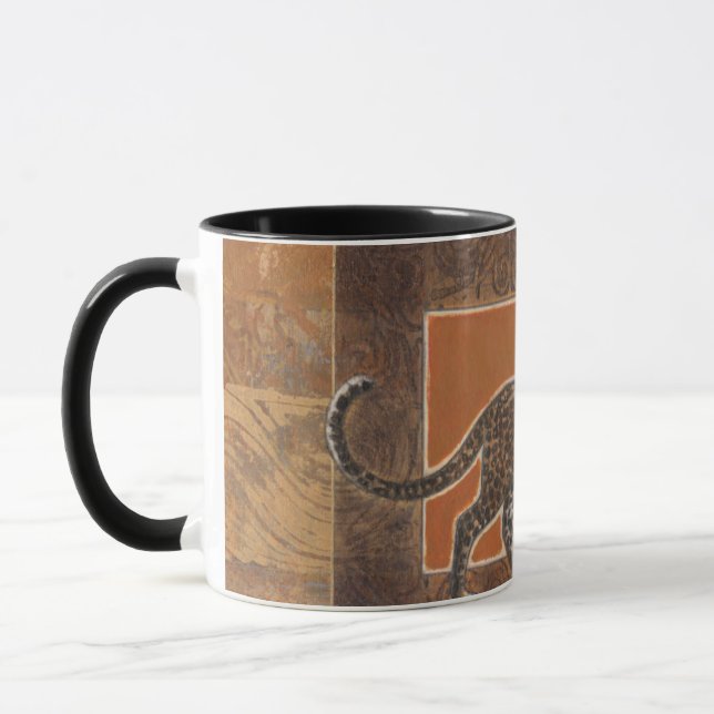 Leopard im orangefarbenen und braunen Hintergrund Tasse (Links)