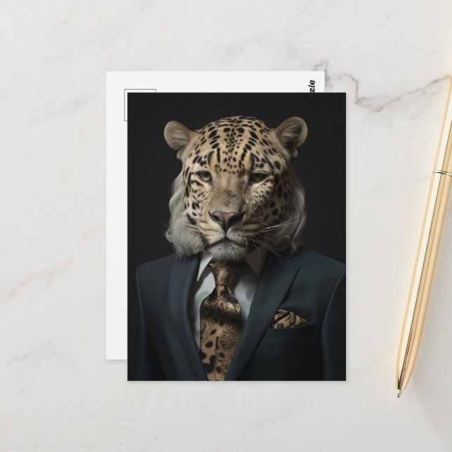 Leopard in der Fantasiekunst eines Business Anzugs Postkarte (Vorderseite/Rückseite Beispiel)