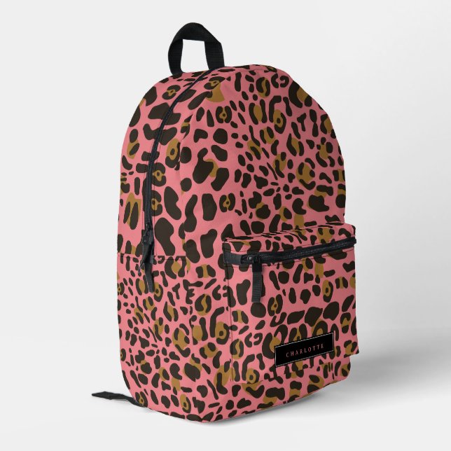 Leopard Jaguar Animal Print Pink Mit Monogramm Nam Bedruckter Rucksack (Rückseitige Ecke links)