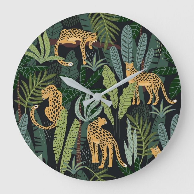 Leopard-Jungle-WaldIllustration Nahtlos Große Wanduhr (Vorderseite)
