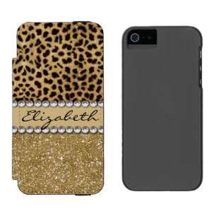 Leopard-Kassagold-Glitzer-diamante de imitación Incipio Watson™ iPhone 5 Geldbörsen Hülle