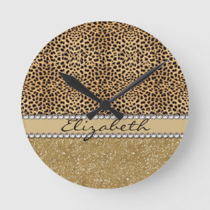 Leopard-Kassagold-Glitzer-diamante de imitación Runde Wanduhr