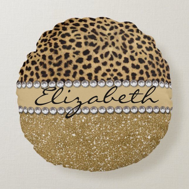 Leopard-Kassagold-Glitzer-diamante de imitación Rundes Kissen (Vorderseite)